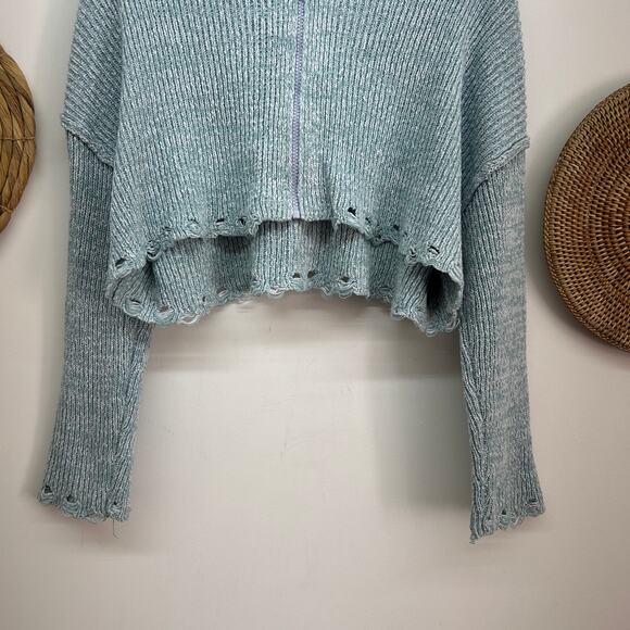 UO Urban Outfitters Blue Distressed Cropped Crop Zip Hooded Cardigan Sweater S - Picture 5 of 7